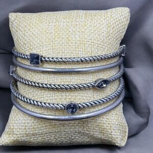 Silver Tone Set Of 5 Multi Strand Rhinestone Stack Bracelets Layered Bangle